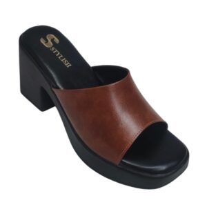 STYLISH Women's Open Toe Slide Sandals, Brown Wide Strap Mule with Chunky Block Heel, Platform Sole, Slip-On Fashion Heeled Slippers