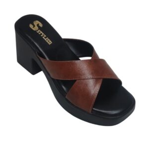STYLISH Women’s Brown Cross Strap Block Heel Sandals | Open Toe Slip-On Platform Heels | Comfortable Casual Wear