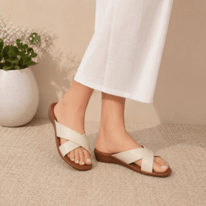 Women’s Beige Cross Strap Wedge Sandals | Comfortable Casual Slip-On Slides