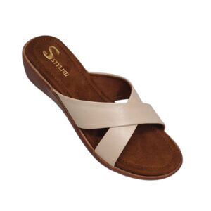 Women’s Beige Cross Strap Wedge Sandals | Comfortable Casual Slip-On Slides