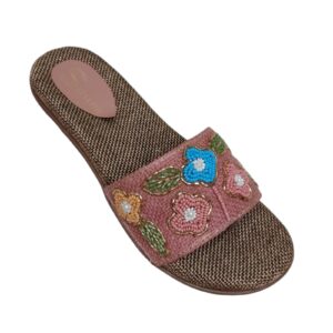 Women’s Floral Beaded Slip-On Flat Sandals – Pink Casual Fashion Slides